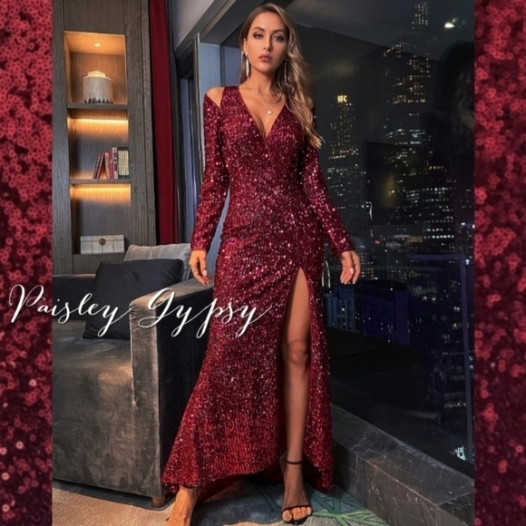 Maroon Sequined Ball Gown for Special Events - Picture 4 of 14